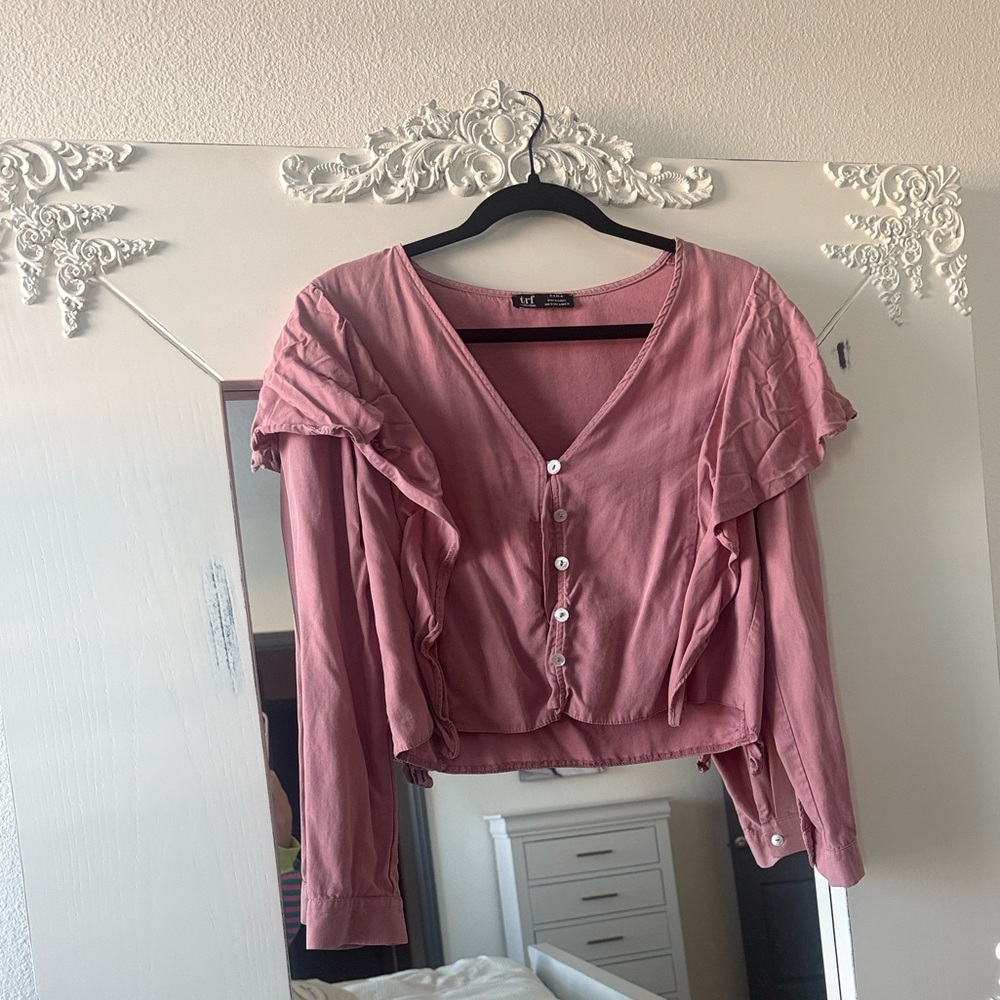 Zara Pink Ruffle Button Blouse - Picture 2 of 5
